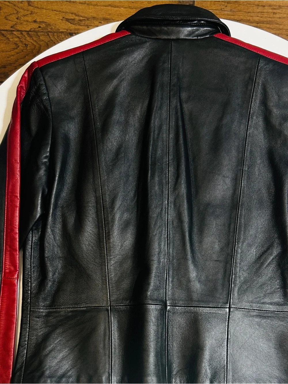 WilliSmith Black Leather Bomber Jacket with Red Trim - Picture 7 of 8